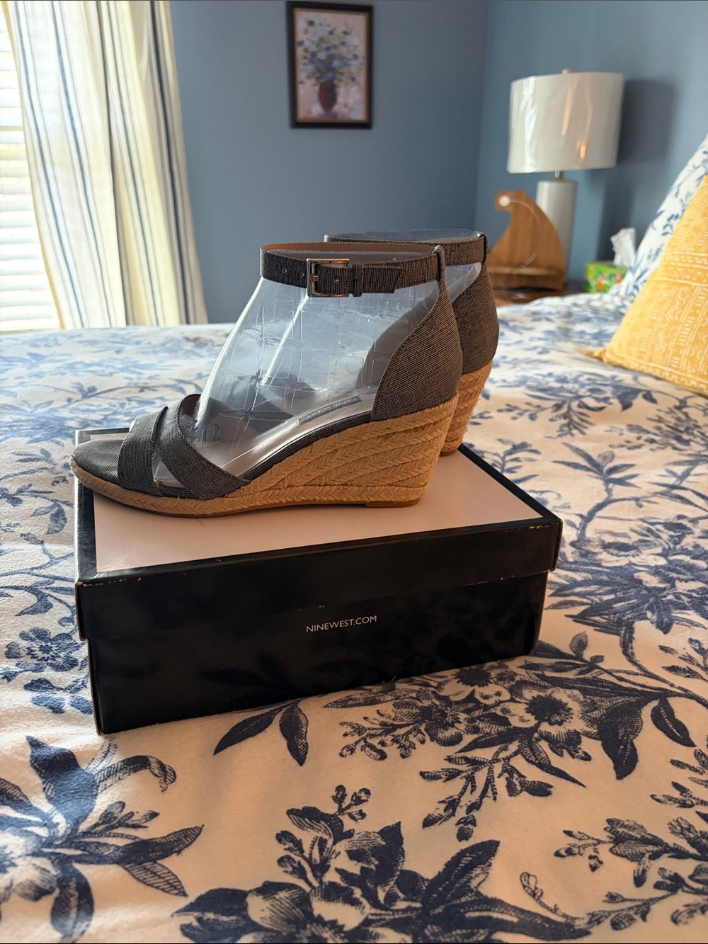 Nine West Light Blue Espadrille Ankle-Strap Wedge Sandals